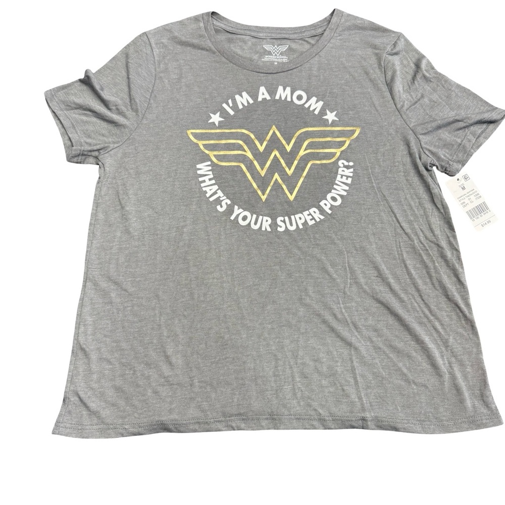Wonder Mom Gray Gold Wonder Woman Logo Tee Womens Medium BNWT Graphic Shirt